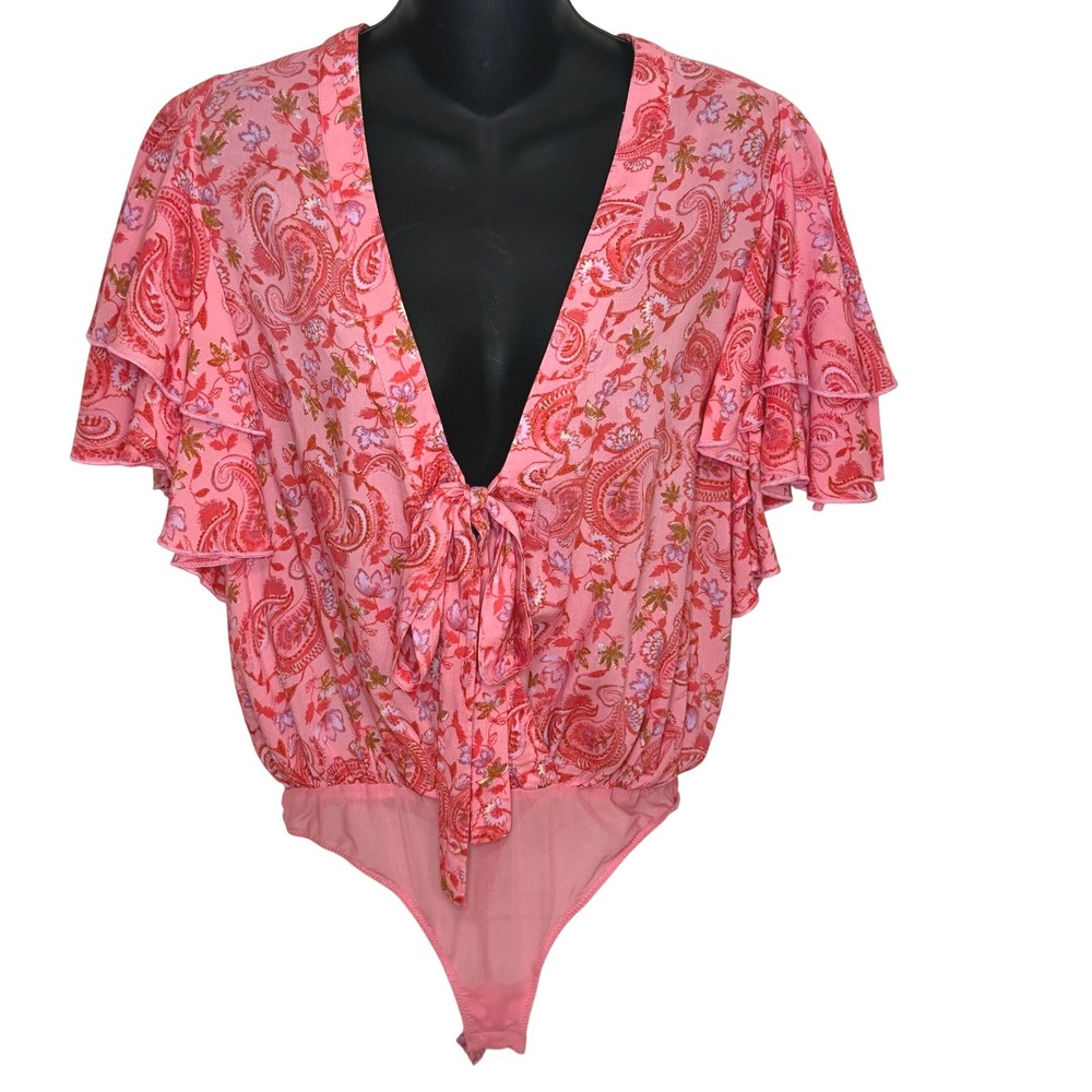 Free People Womens Call Me Later Pink Paisley Thong Bodysuit Flutter Sleeve‎ SP